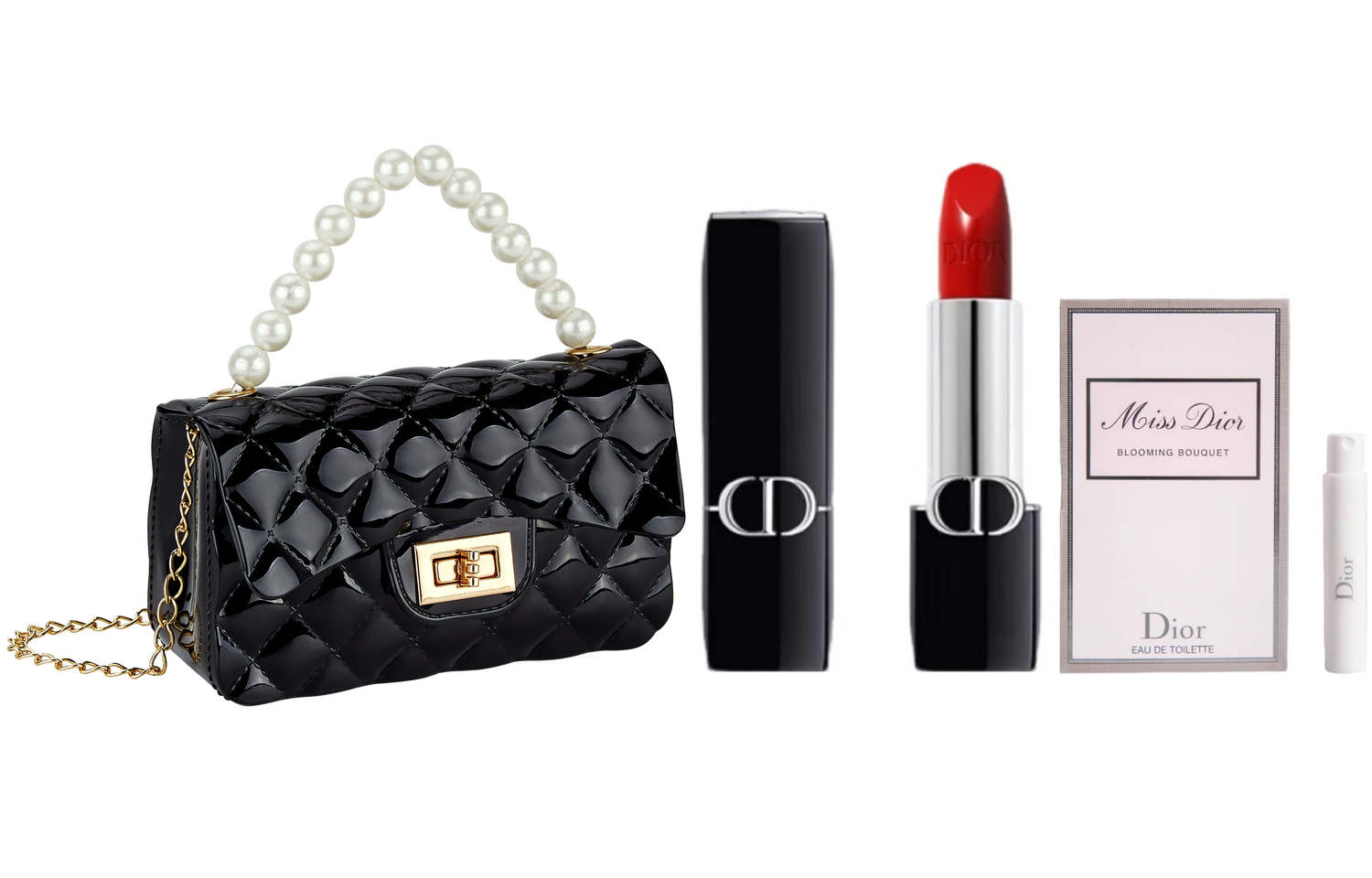 Подарочный набор Dior: помада для губ Rouge Dior Satin #999 + косметичка + туалетная вода Miss Dior Blooming Bouquet