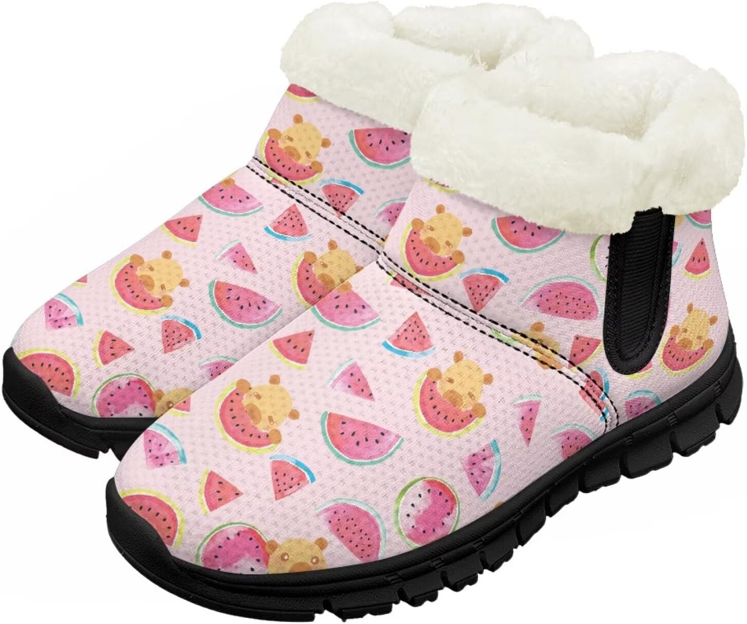 

Детские зимние ботинки Chririnla для мальчиков и девочек, утепленные высокие кеды «босиком» с противоскользящей подошвой и флисовой подкладкой, пушистые слипоны, Watermelon Capybara