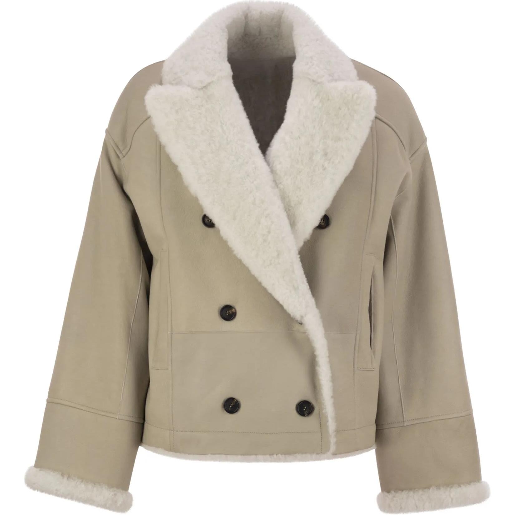 

Двубортная кожаная куртка Brunello Cucinelli, oat