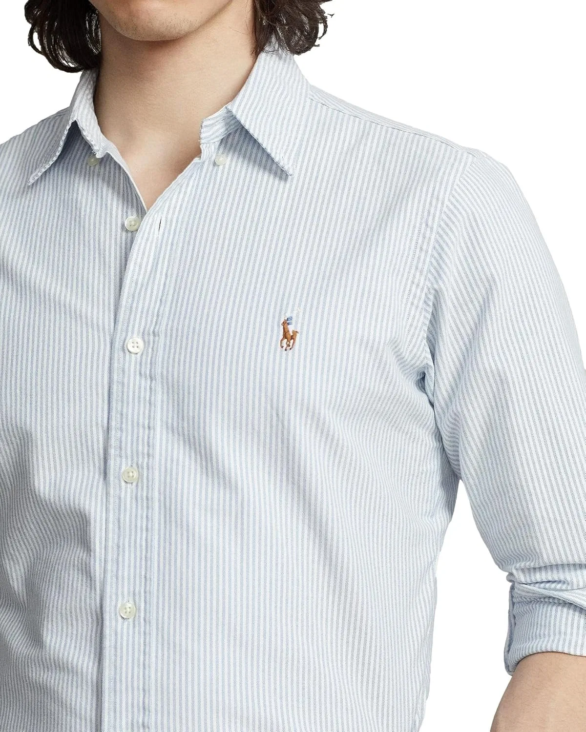 Классическая мужская спортивная рубашка с длинным рукавом оксфорд от POLO RALPH LAUREN, Ralph Lauren Blue Stripe — фото 4
