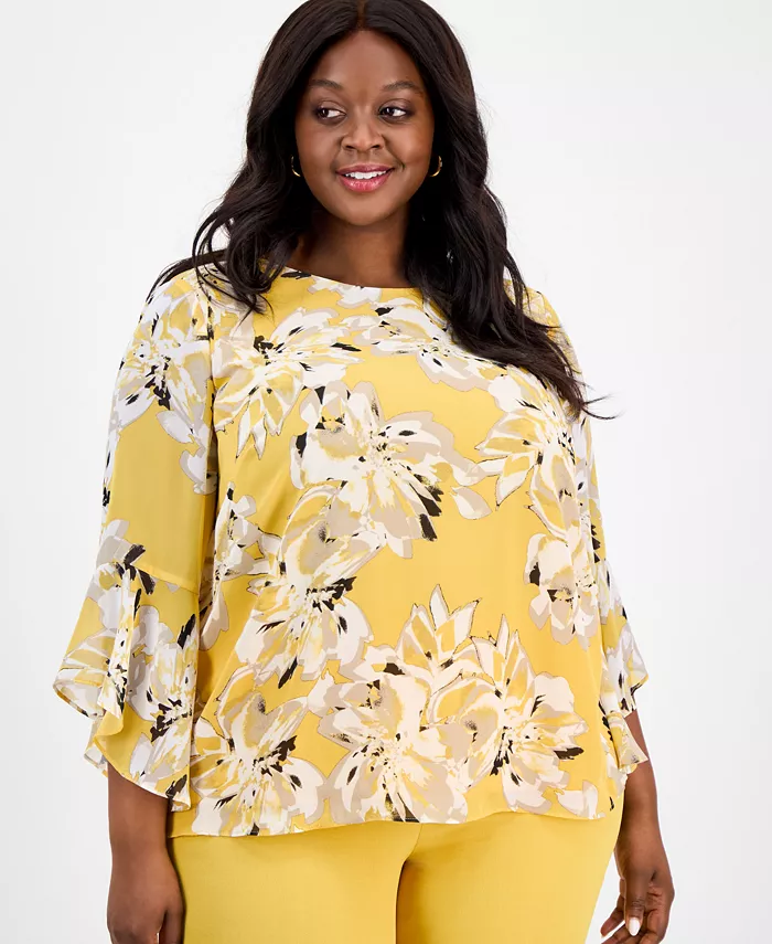 

Блузка с принтом и рюшами на рукавах Plus Size Kasper, желтый