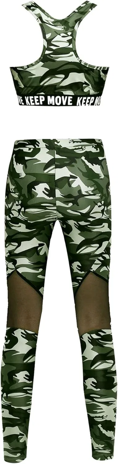 Детский спортивный костюм с принтом Sxiwei, топ и леггинсы, 2 предмета, Camouflage Green — фото 2