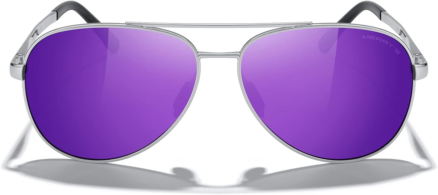 

Солнцезащитные очки-авиаторы MERRY'S для мужчин и женщин - поляризованные очки для вождения, зеркальные линзы, защита от УФ-излучения UV 400, диаметр линз 58 мм, Silver Frame/Purple Mirror Lens