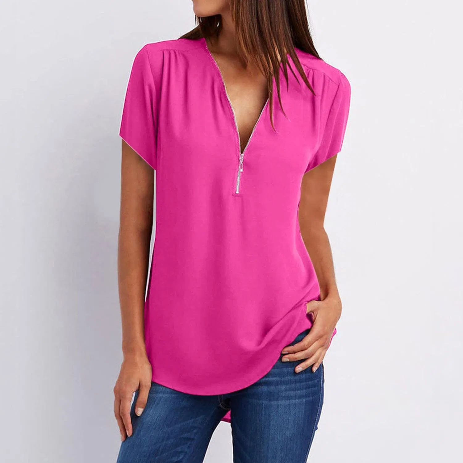 Блуза повседневная с V-образным вырезом и молнией, Hot Pink, размерная линейка S-5XL — фото 2