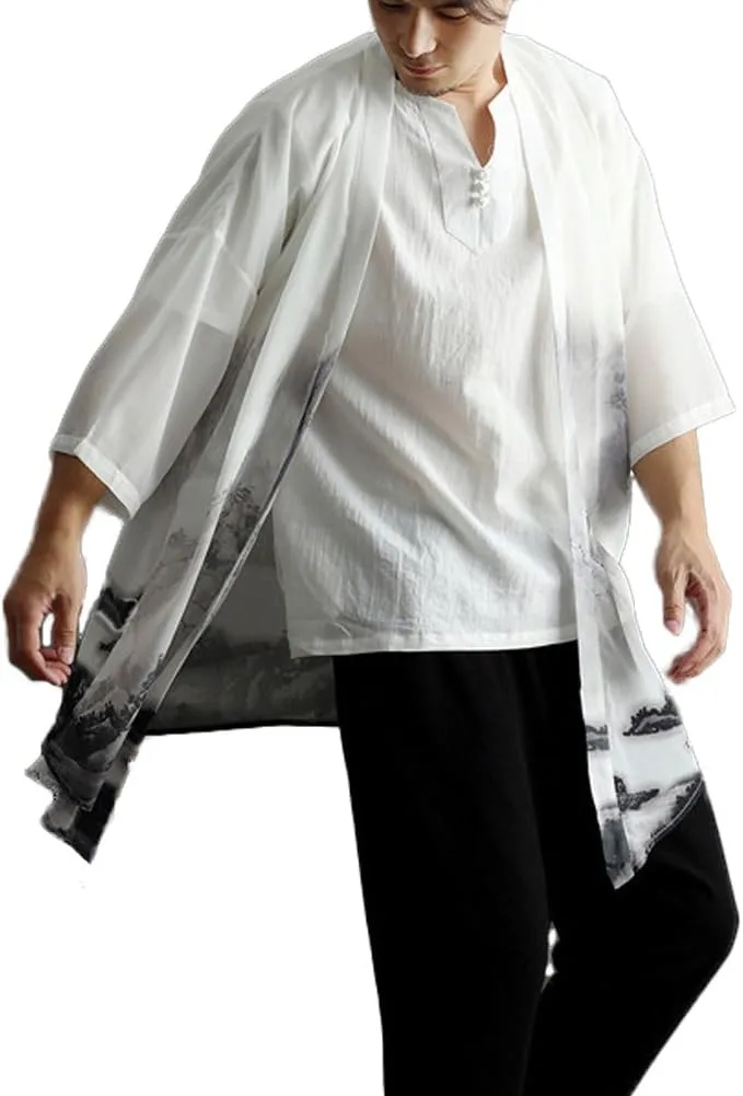 

Мужской легкий кардиган LZJN в китайском стиле с принтом шифон