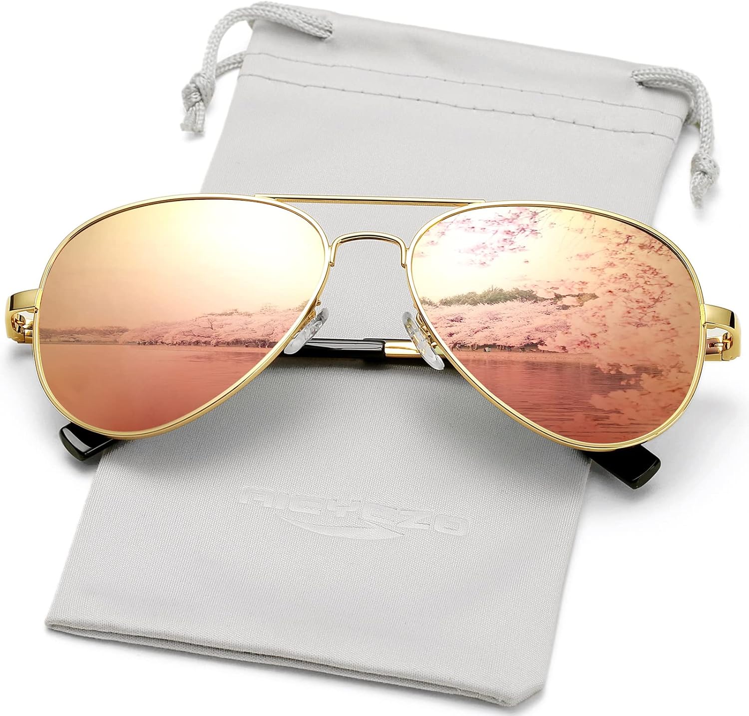 

Классические поляризованные солнцезащитные очки-авиаторы AIEYEZO для мужчин и женщин, с пружинным шарниром и металлической оправой, защита от УФ-излучения UV400, Gold/Pink Mirror