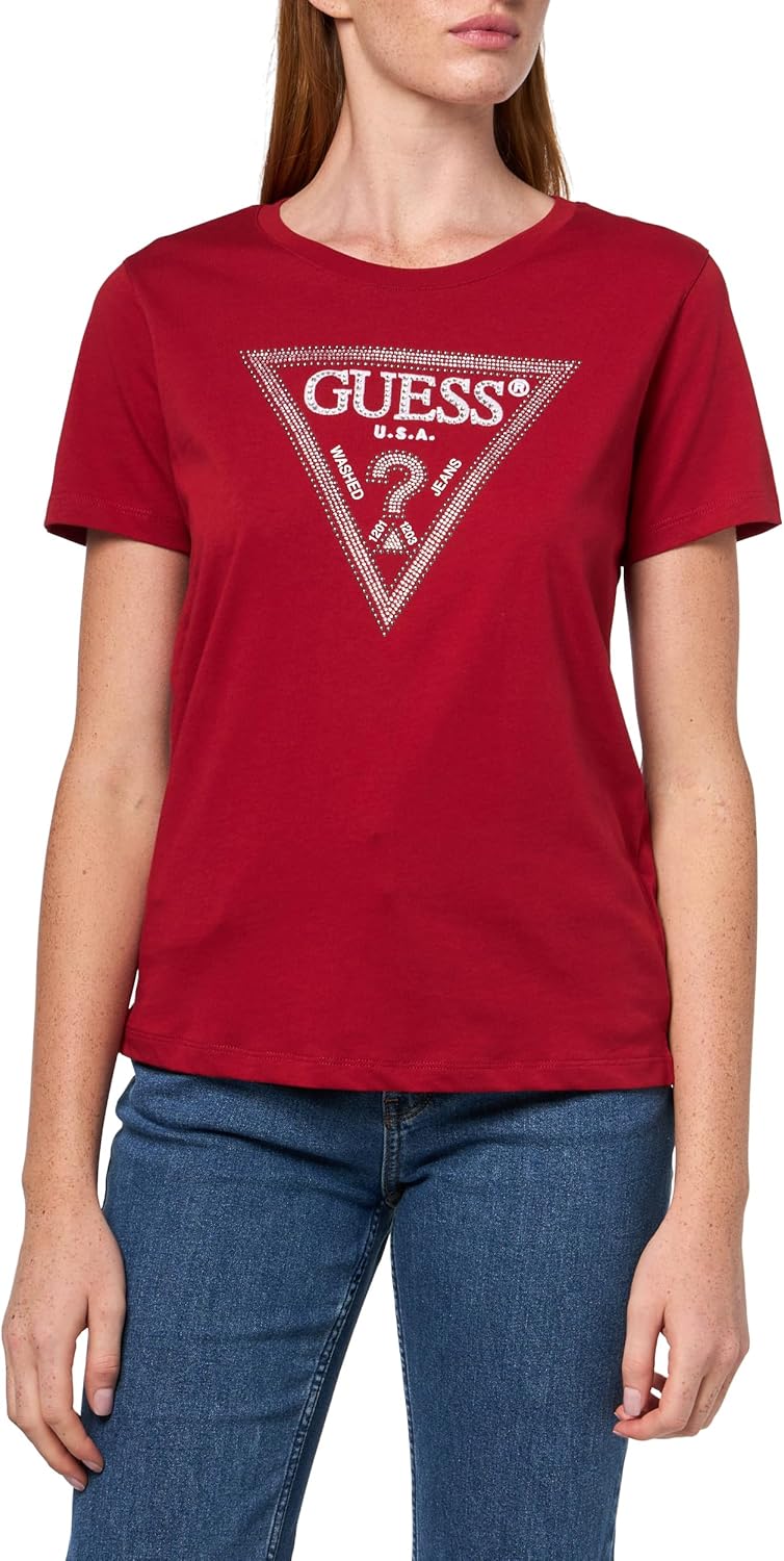 

Женская футболка Guess Eco Short Sleeve Krystal Triangle, Siren Red, Красный, Женская футболка Guess Eco Short Sleeve Krystal Triangle, Siren Red