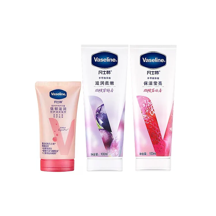 Крем для рук с витаминами для сияния кожи и цитрусовым ароматом Vaseline, Three-Piece Set: Strawberry Scented Hand Cream 100g+Grape Hand Cream 100g+Nail and Hand Cream 50ml