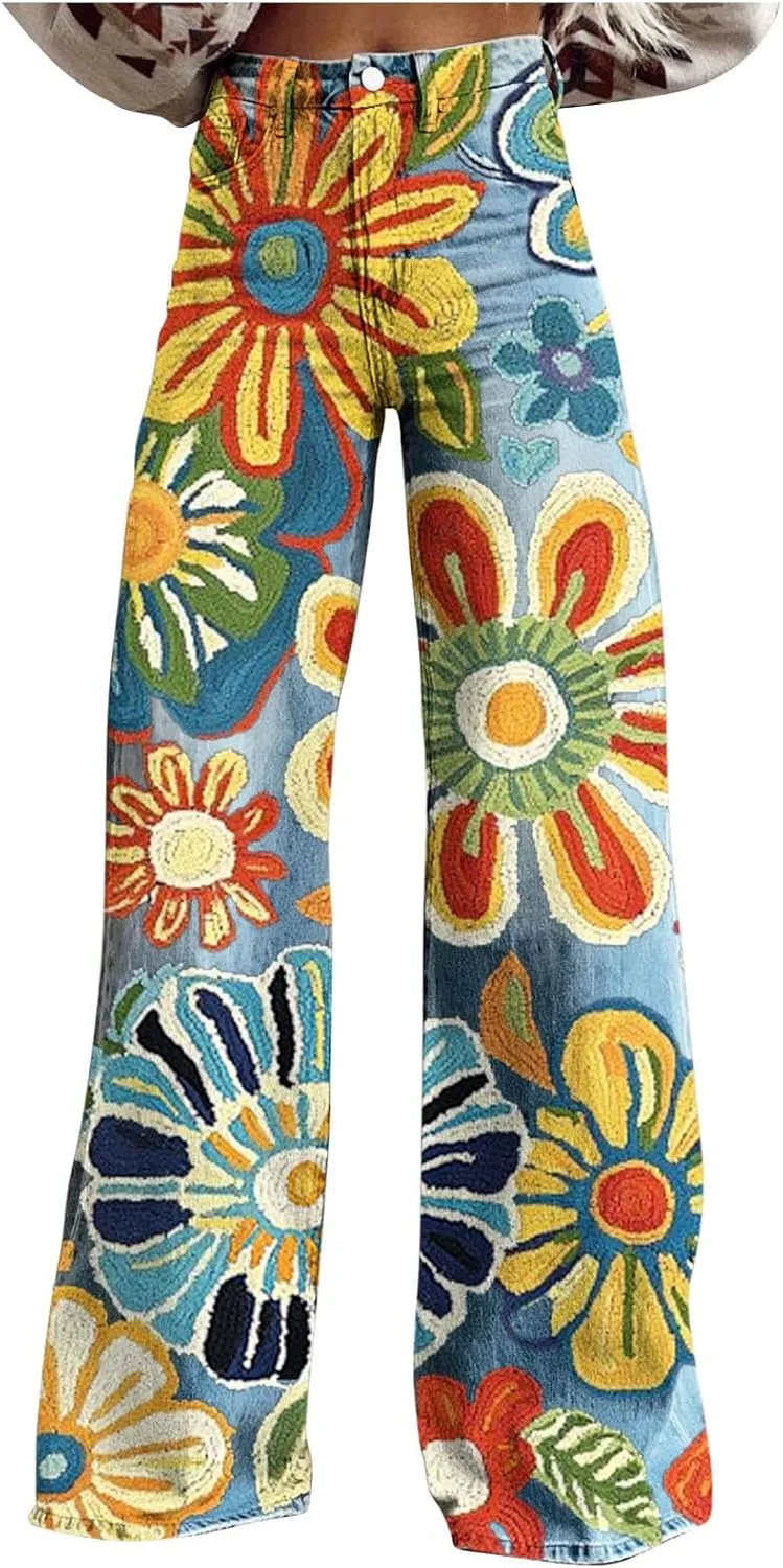 

Женские джинсы-багги с цветочным принтом, широкие, высокая посадка