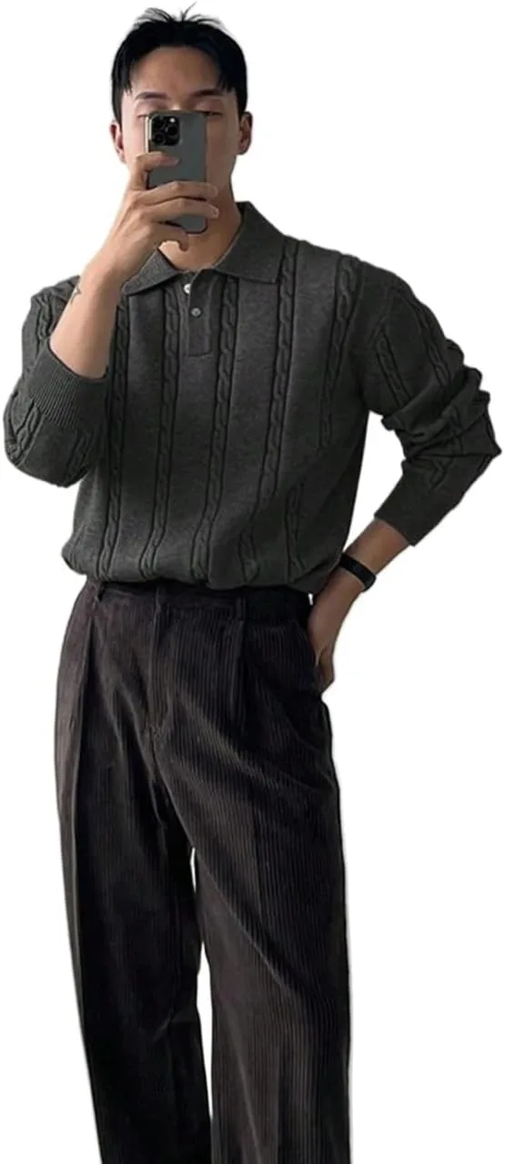Мужской вязаный свитер с длинным рукавом и воротником, однотонный, осенний Generic, черный