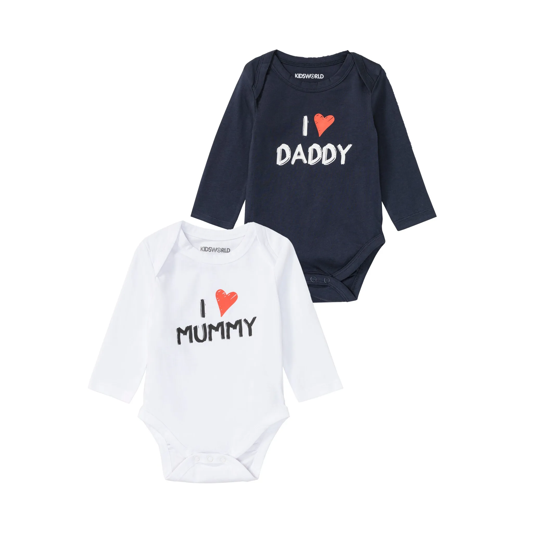 

Боди KIDSWORLD с длинными рукавами «Набор из 2 детских боди Mummy&Daddy», из органического хлопка, темно-синий/белый