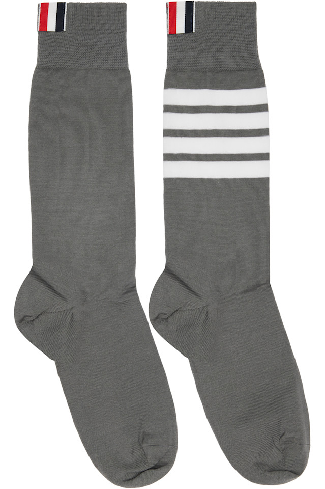 

Thom Browne Серые хлопковые носки средней высоты с четырьмя полосами