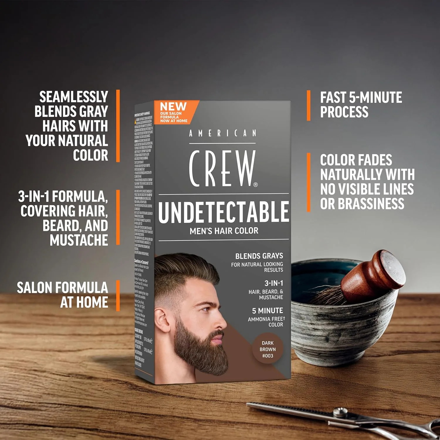 Краска для волос American Crew Undetectable для мужчин | Полуперманентная краска для волос темно-коричневого цвета | Естественное закрашивание седины, оттенок 003 темно-коричневый, 1 упаковка, 003 Dark Brown — фото 2
