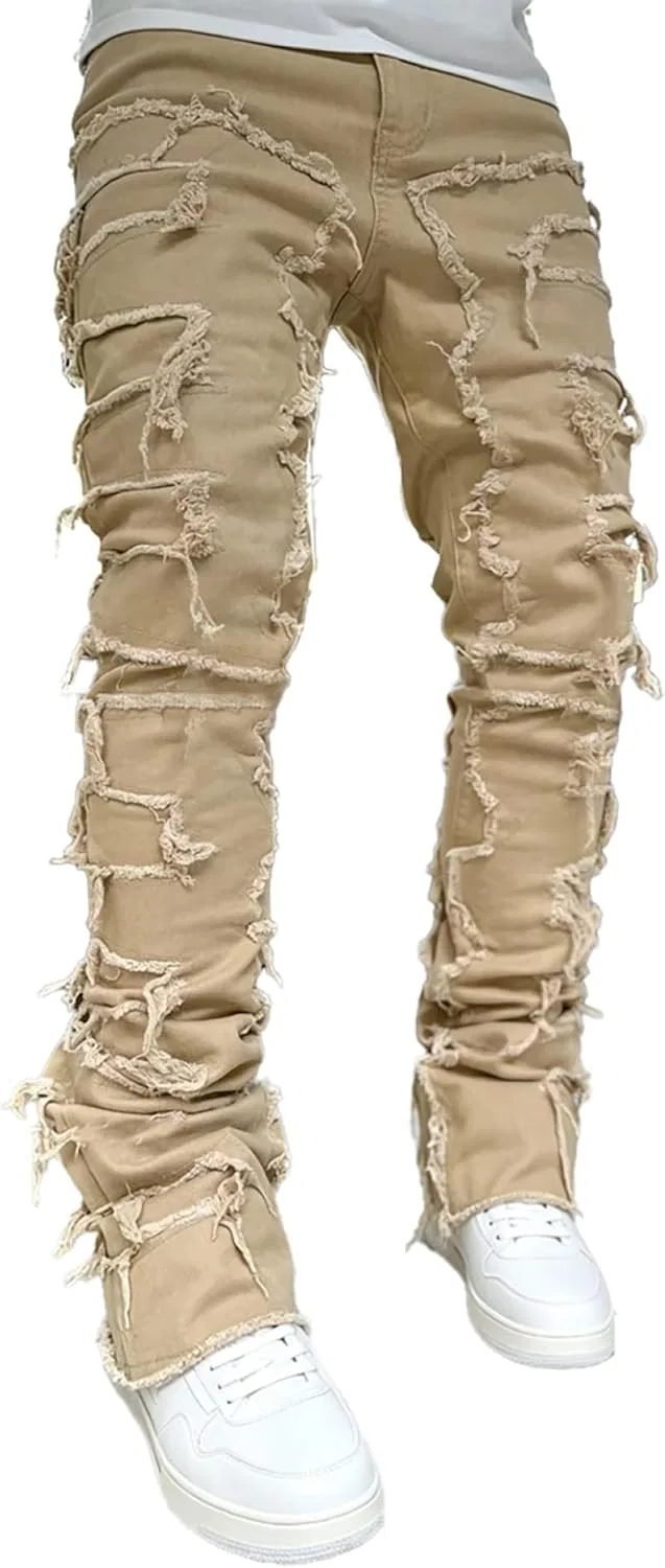 Джинсы зауженные рваные, Dark Khaki, Men's Skinny Stacked Ripped Jeans