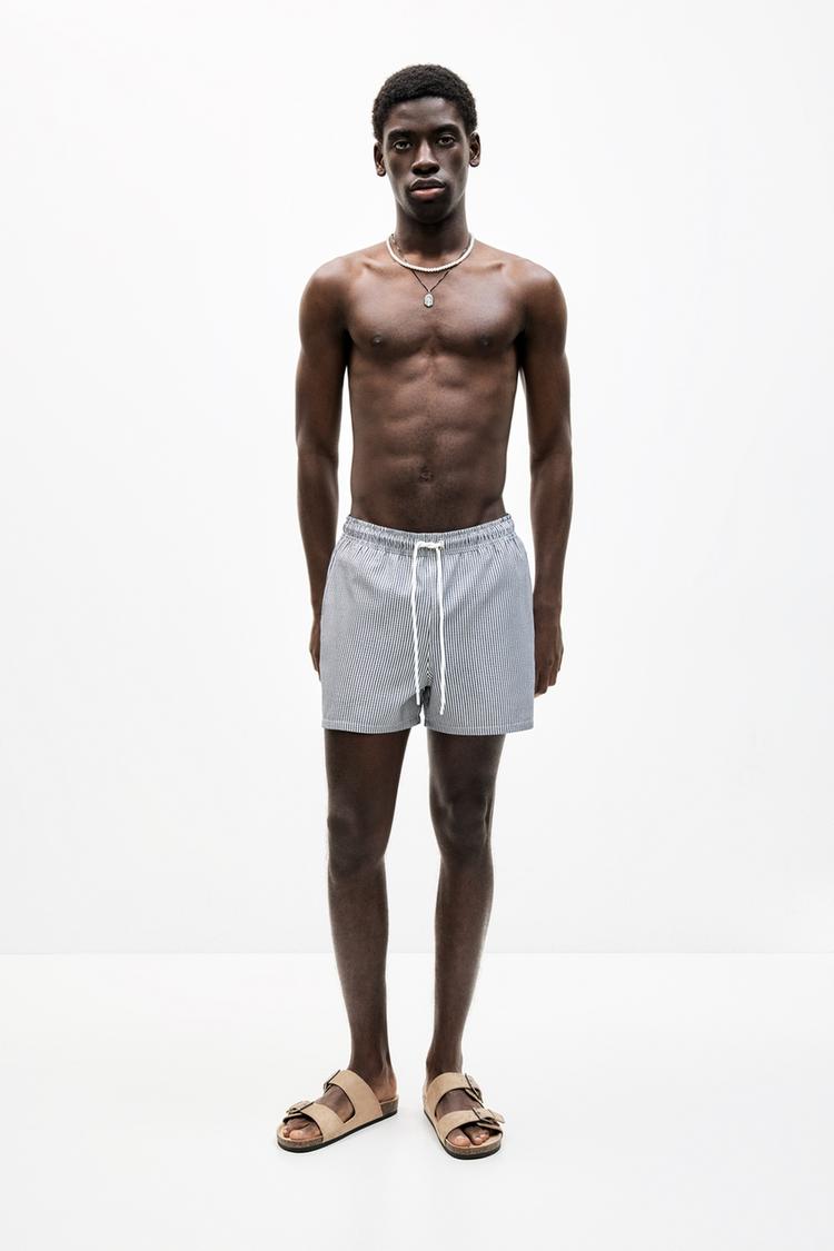 

Плавки полосатые из ткани сирсакер Pull And Bear, синий