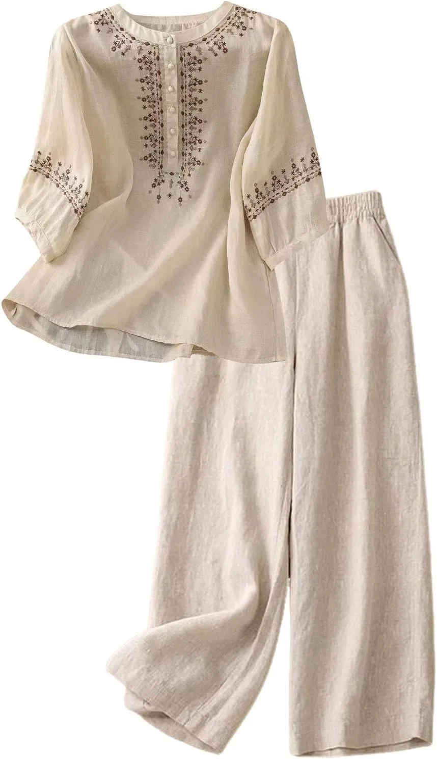 Женский костюм из льна, с вышивкой, бренд Generic, цвет Beige-b