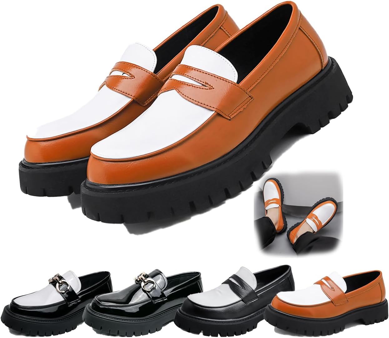 

Мужские лоферы на платформе из лаковой кожи, без шнурков, с металлическим декором, стильные деловые и повседневные туфли Generic, Brown-a