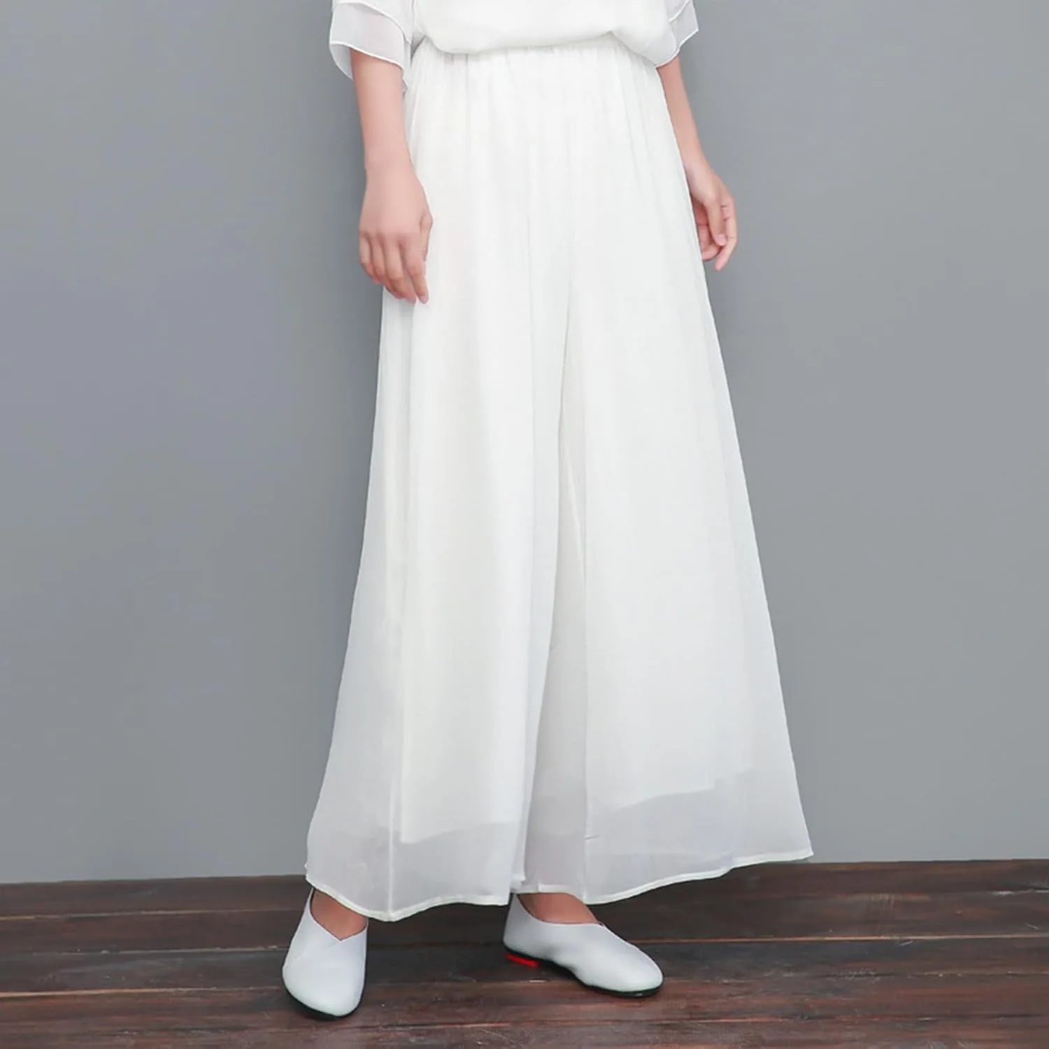 Gaucho Pants для женщин, длинные струящиеся брюки-палаццо из шифона и марли, широкие кюлоты для танцев, свободный крой, летние брюки на резинке Generic, белый — фото 2