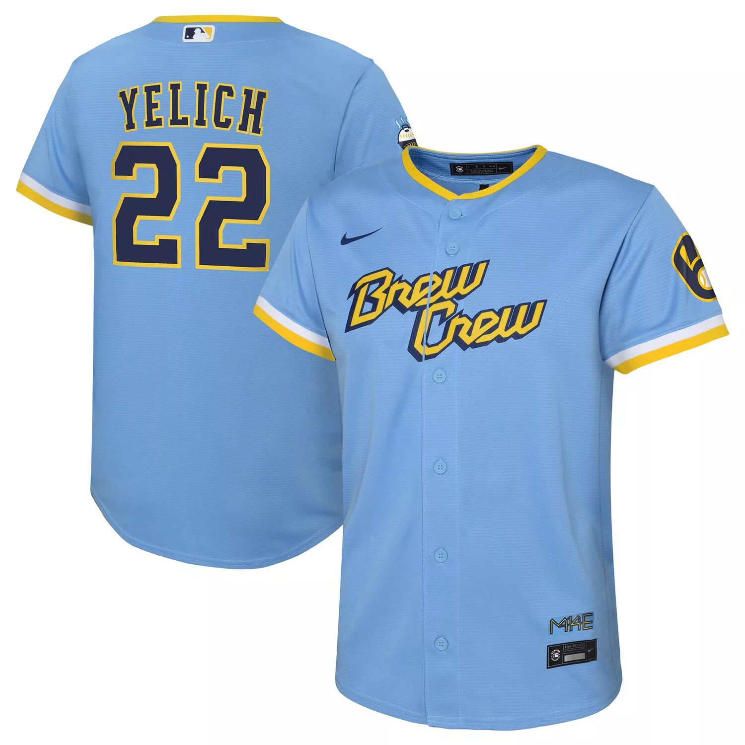 

Джерси Nike Christian Yelich Powder Blue Milwaukee Brewers 2022 City Connect Replica Player для малышей Nike