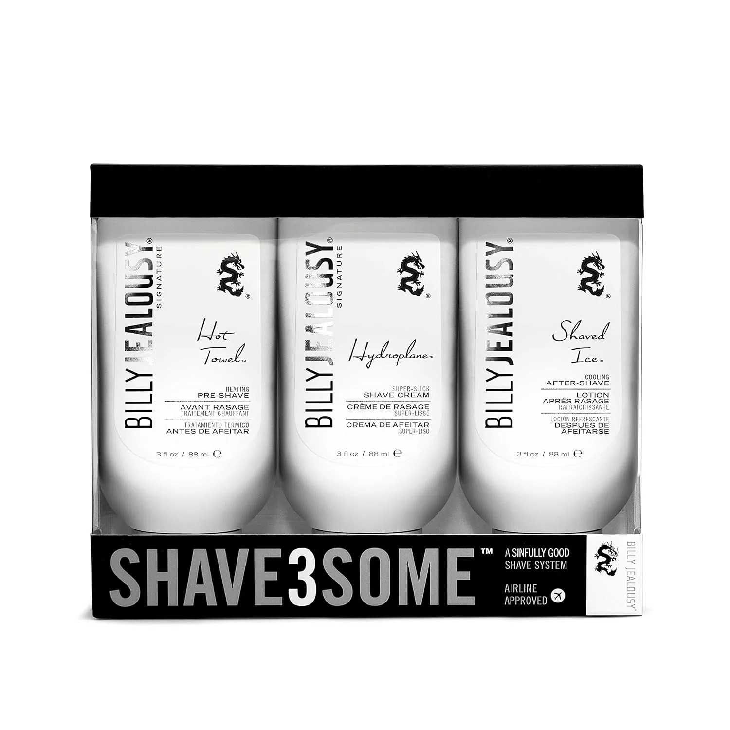 Набор для бритья Billy Jealousy Shave3some Travel-Size Trio для мужчин: разогревающий прешейв, крем для бритья Super Slick и охлаждающий послебритьевой лосьон, цитрусовый аромат, 3 фл унц каждый