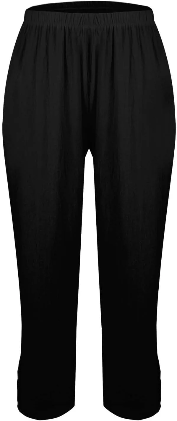 Широкие льняные брюки для женщин Plus Size, дышащие, свободного кроя, офисные брюки, струящиеся, повседневные, пляжные, с карманами Generic, черный — фото 3
