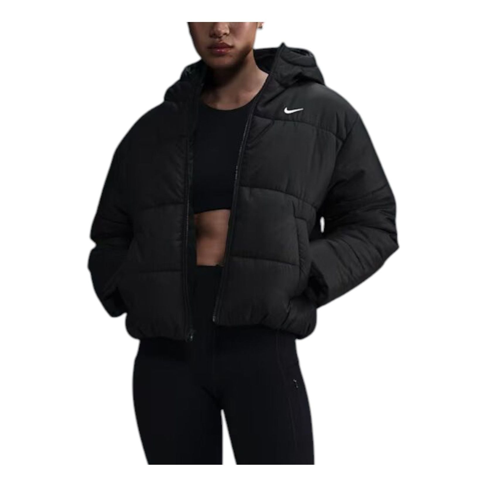 Куртка (WMNS) Nike Sportswear Classic Puffer Therma-FIT Loose Hooded Jacket 'Black White' — фото 2