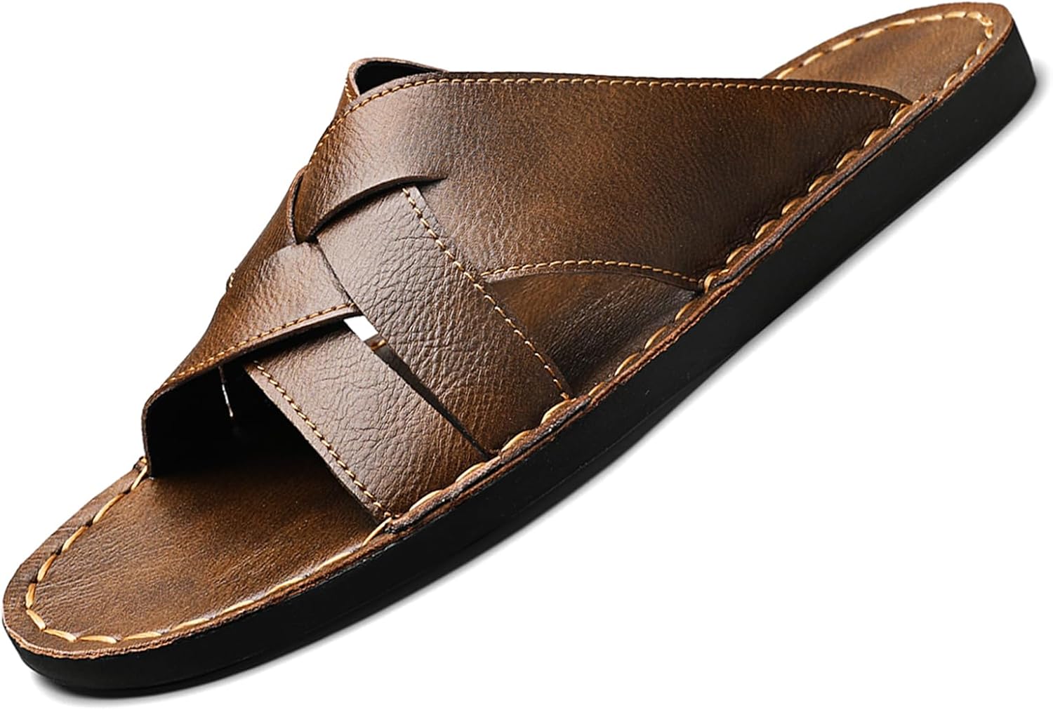 

Мужские сандалии с плетеным верхом из натуральной кожи, плоские, с открытым носком, легкие, с противоскользящей подошвой, мягкой стелькой, летние пляжные сандалии для дома и улицы, повседневные тапочки Ptnoka, коричневый