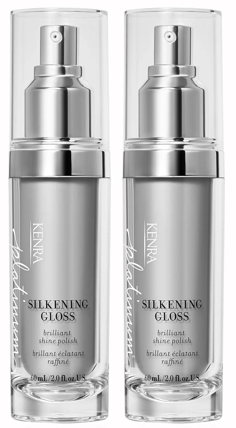 Kenra Platinum Silkening Gloss, лак для блеска Brilliant Shine, укрощает пушистость и сглаживает непослушные волоски, легкая формула, защита от влажности, сглаживает сухие кончики, для волос от средней до грубой структуры 59 мл (2 шт.)