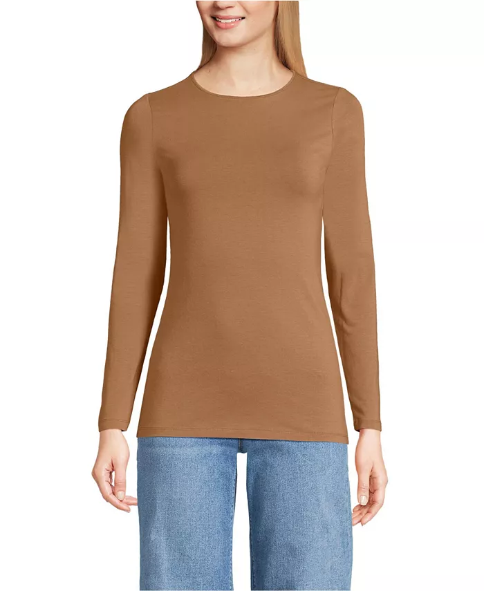

Женская легкая футболка из джерси с длинным рукавом и круглым вырезом Lands' End, коричневый/бежевый