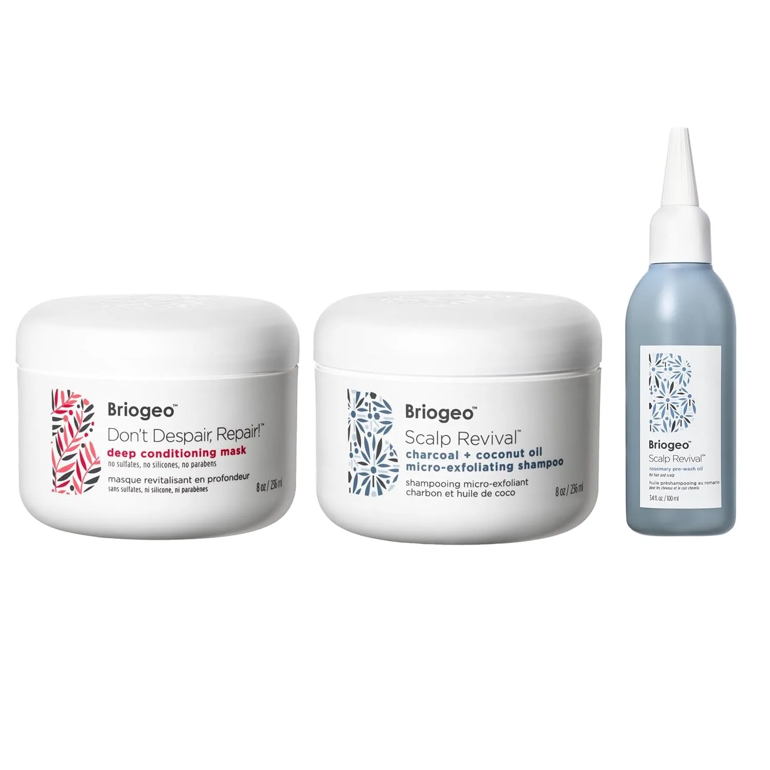 Набор Briogeo Repair + Scalp Care Trio: восстанавливающая маска, шампунь для кожи головы и масло с розмарином, 2 x 237 мл + 100 мл