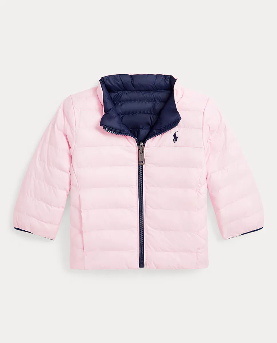 

Двусторонний пуховик для девочки с высоким воротником Polo Ralph Lauren, розовый