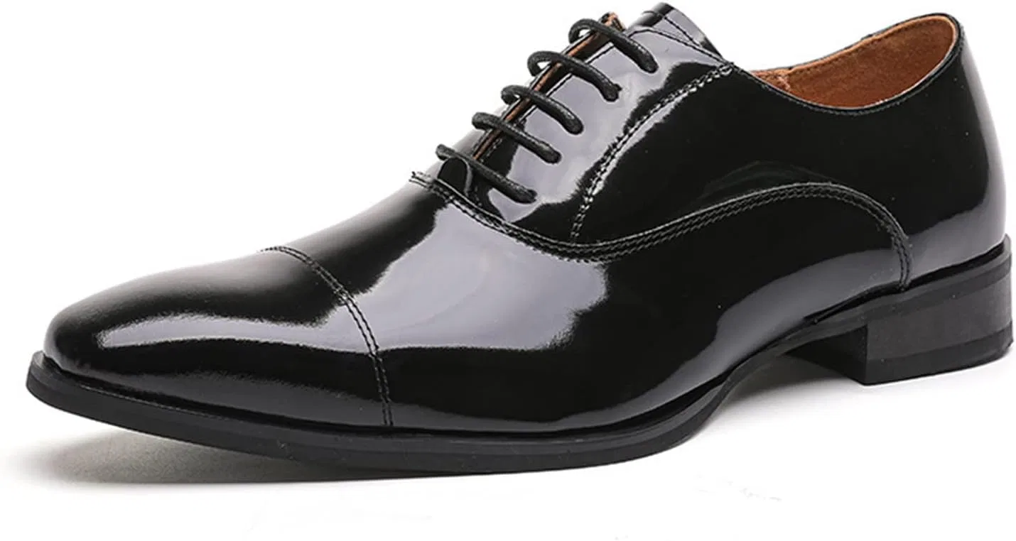 Туфли Formelle Kleiderschuhe für Männer Schnürmütze Quadrat Zeh Shiny Cowhide Block Heel Nicht-Slip-Anti-Rutsch-Low Top Classic Generic, Schwarz