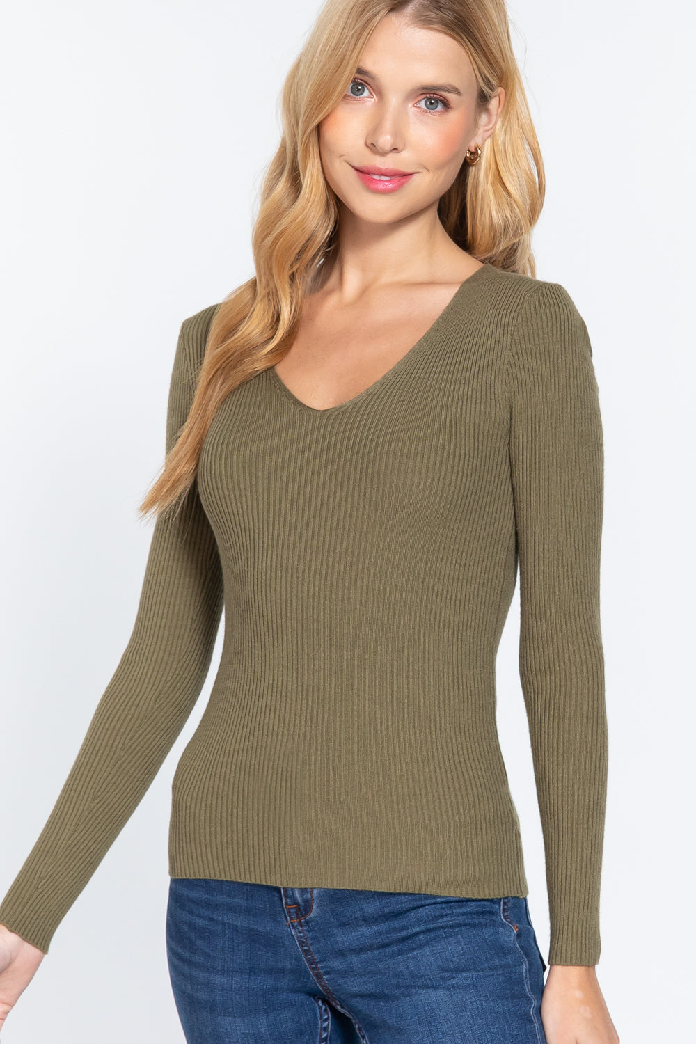

Свитер из вискозы в рубчик с V-образным вырезом FASHNZFAB, цвет french olive
