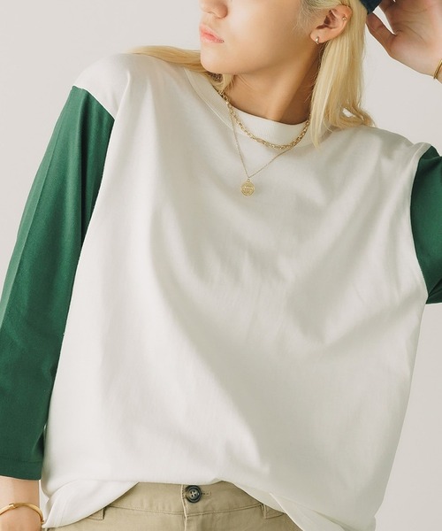 

CROSS & STITCH Футболка-бейсболька с открытыми концами, рукавами 3/4, воротником-стойкой, CROSS&STITCH, бело-зеленая