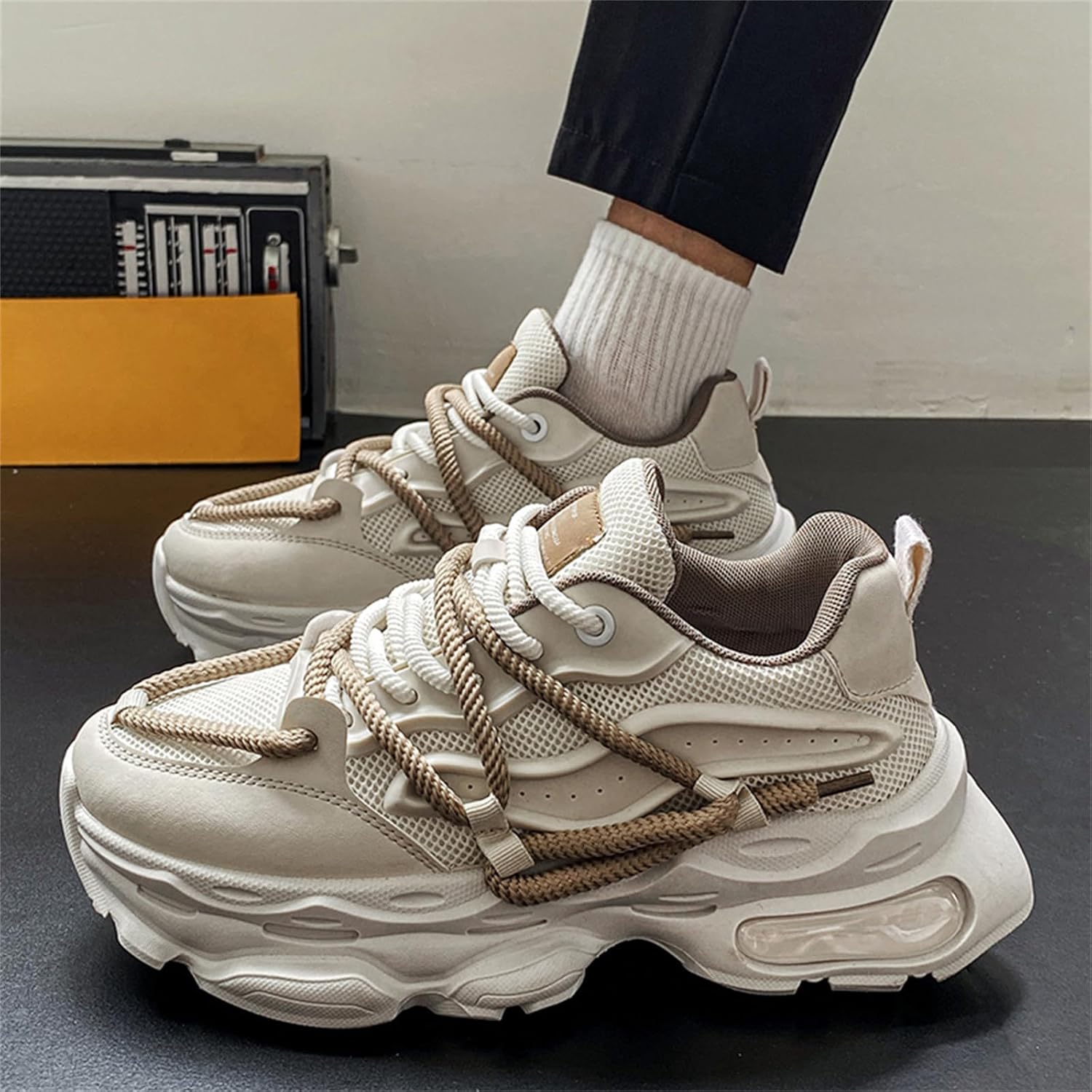 Мужские кроссовки TengfeiFly Platform Dad Sneaker из сетчатой и кожаной поверхности, на шнуровке, повседневные, с массивным каблуком, круглым носком, с воздушной подушкой, легкие, мягкие и дышащие, для прогулок, бега и улицы, бежевый — фото 4