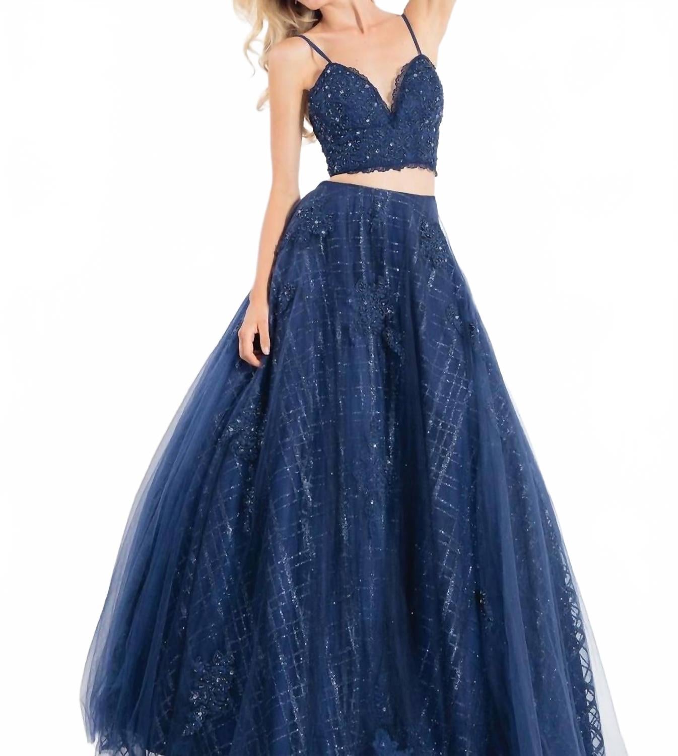 

Двухкомпонентное кружевное блестящее платье-шар из тюля в темно-синем цвете RACHEL ALLAN