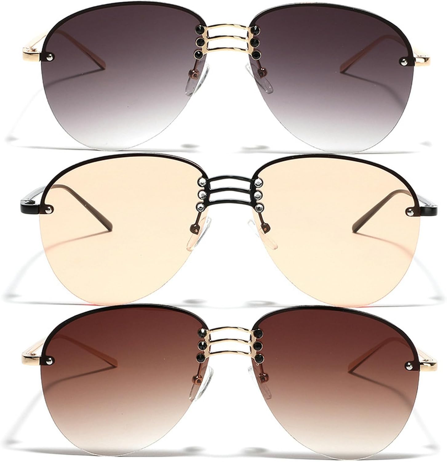 

Винтажные безободковые солнцезащитные очки-пилот из сплава для женщин, 2024 год, градиентные солнцезащитные очки, овальные металлические линзы, черные и коричневые mincl, 3pcs-gray&orange&brown