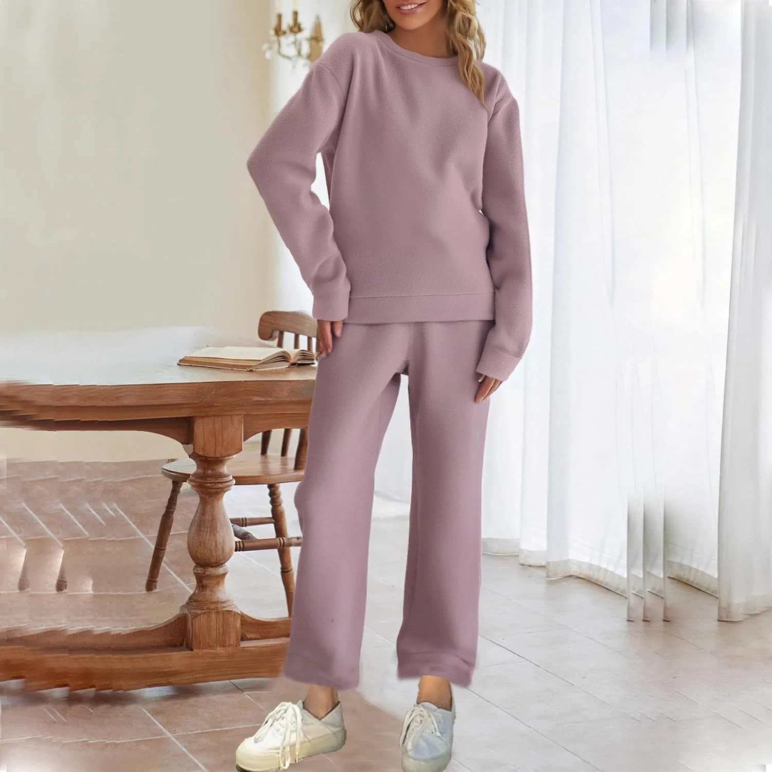 Женский комплект из свитера и широких брюк, мягкий флис, Purple — фото 2