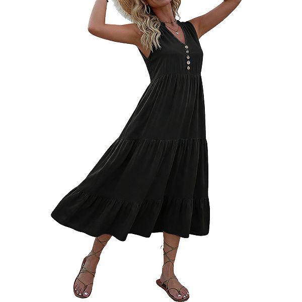 

Женское миди-платье с v-образным вырезом, без рукавов, многослойное с рюшами и пуговицами, свободного кроя Clearflower, Black