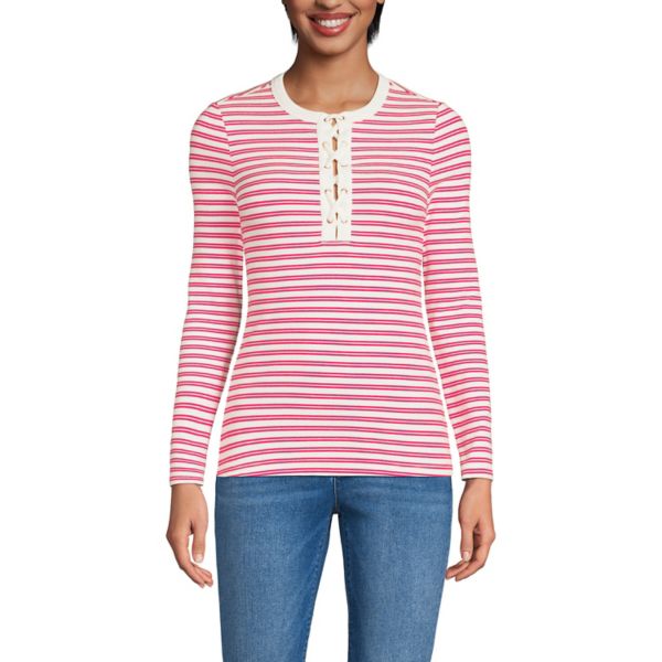

Женский топ-хенли с завязками из полированного рубчика Lands' End, цвет ivory berry stripe
