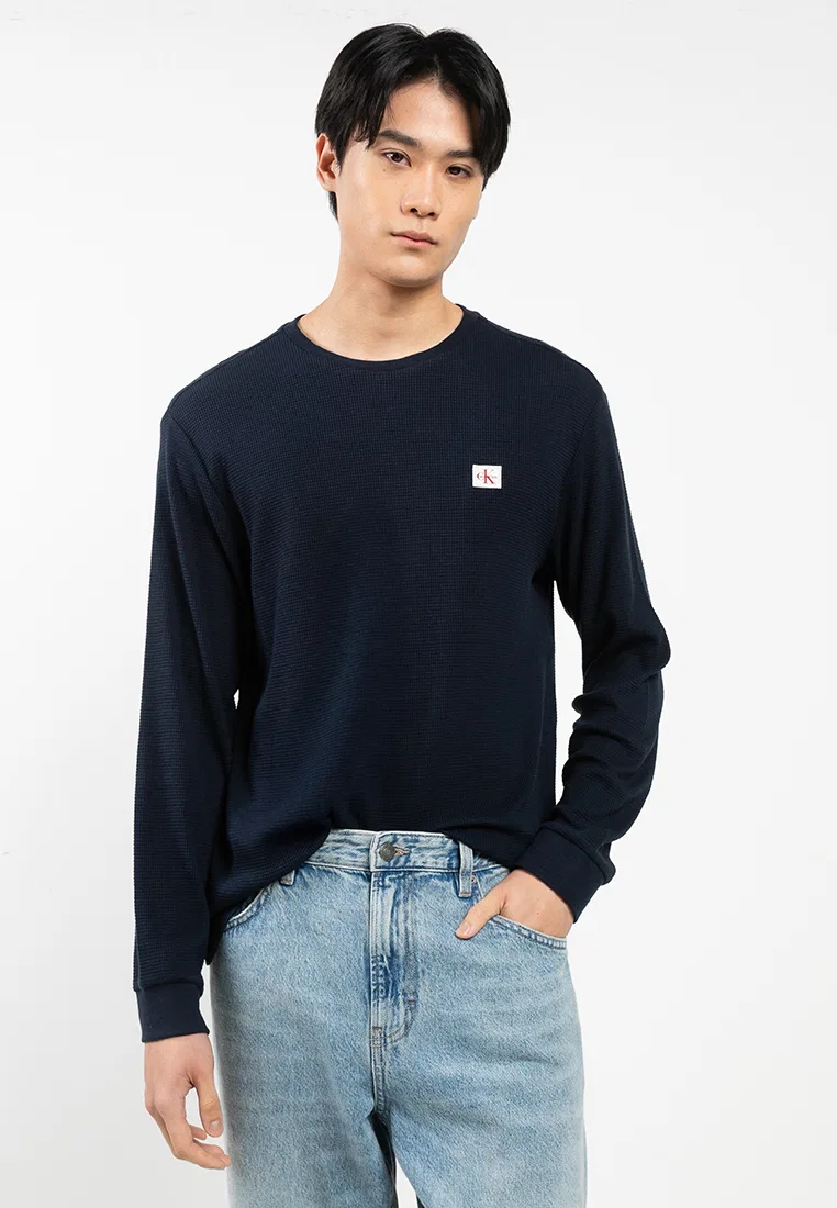 Футболка с длинным рукавом, вафельная фактура, значок Calvin Klein, темный сапфир