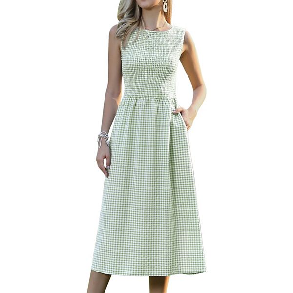 

Платье-трапеция для женщин с присборенными рукавами, без рукавов, с круглым вырезом, струящееся, миди, летнее, с карманами Inspire Chic, Light Green