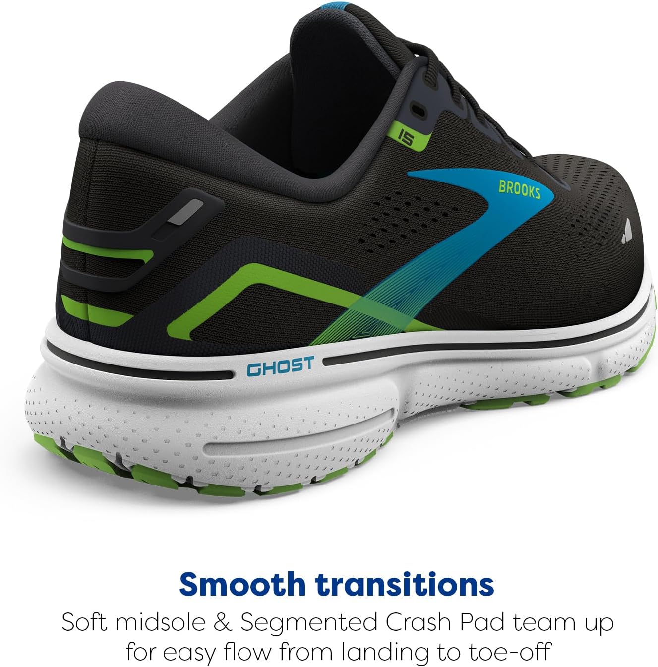 Мужские беговые кроссовки Brooks Ghost 15 - Средний, черный/зеленый — фото 3