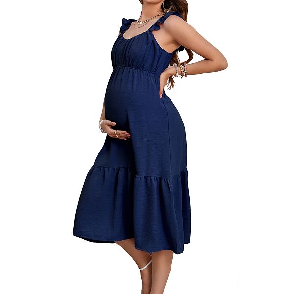 

Женское платье миди для беременных с квадратным вырезом, рюшами и бретелями Elitespirit, Navy Blue