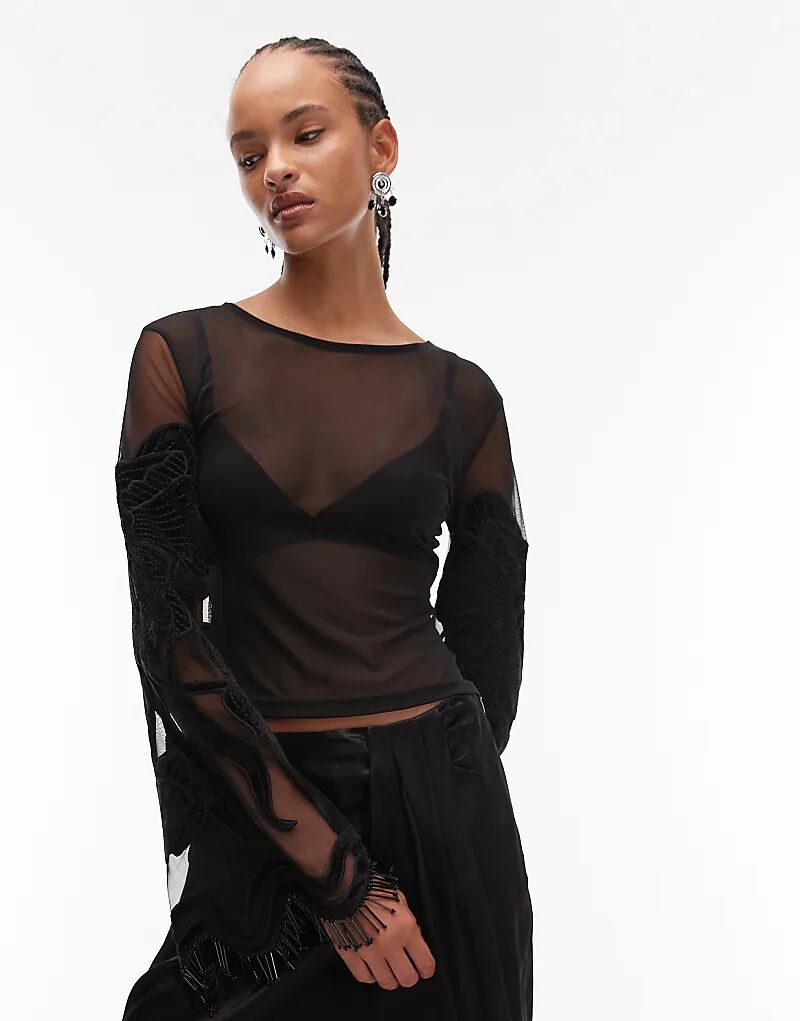 

Бархатный топ с расклешенными рукавами, вышитый ASOS DESIGN, сетчатый топ с бахромой черного цвета