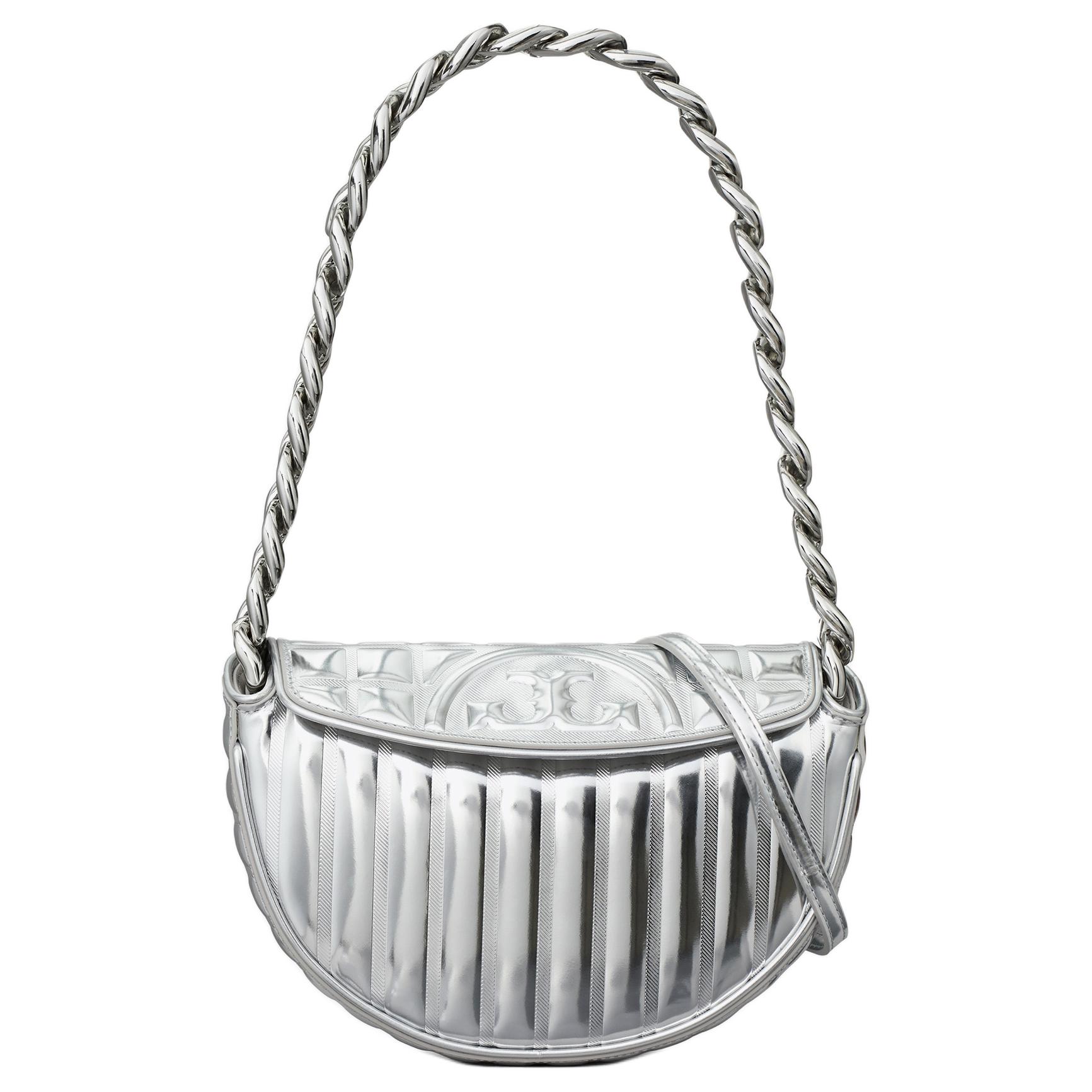 

Сумка Fleming из телячьей кожи полумесяц, портативная кроссбоди, миниатюрная женская наплечная сумка серебристого цвета TORY BURCH