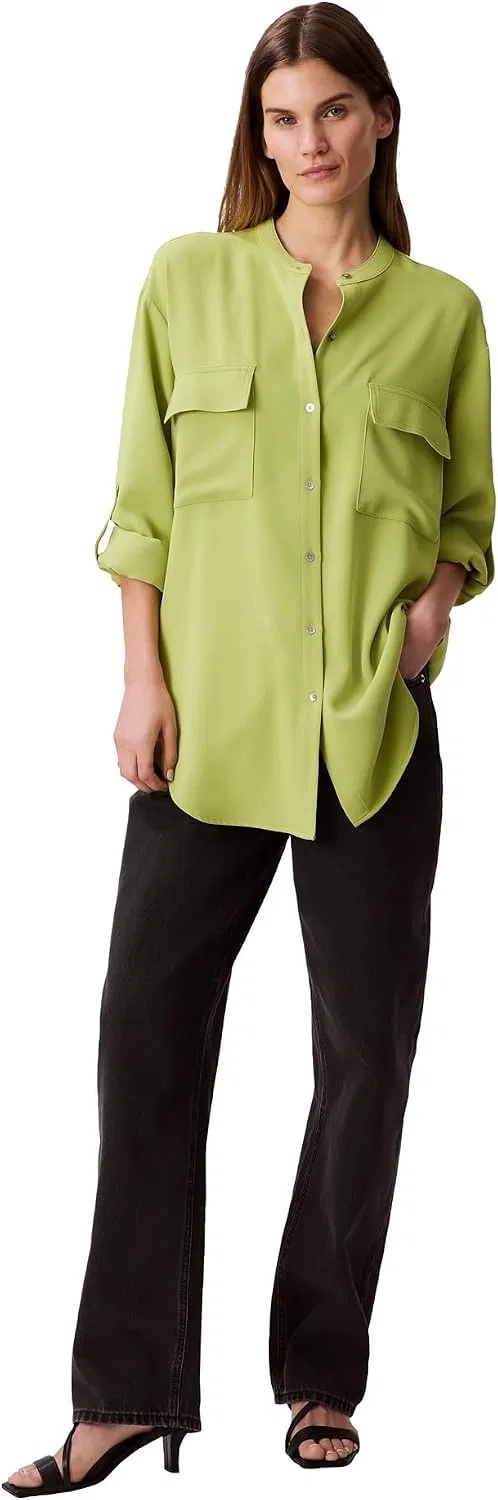 Блуза свободного кроя Crepe Relaxed Button Down Shirt, Calvin Klein, темно-салатовый — фото 3