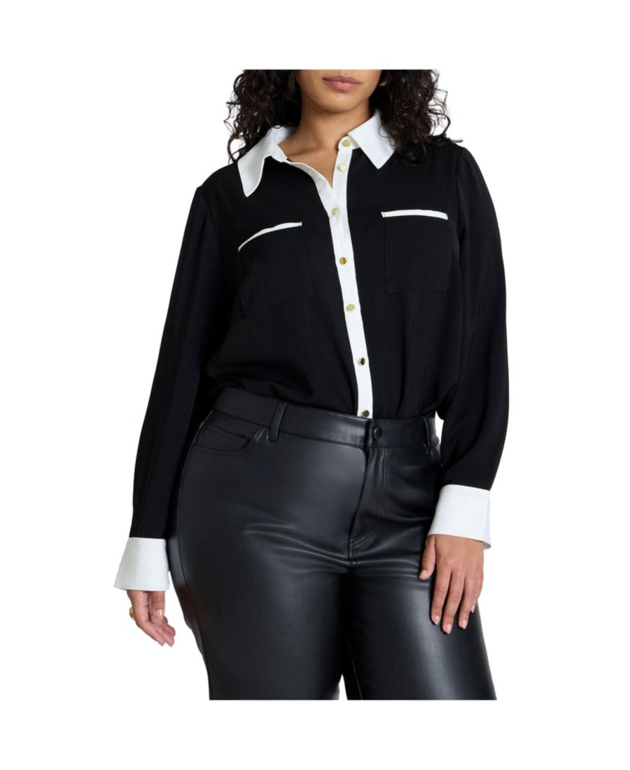 

Женская рубашка больших размеров с воротником и длинными рукавами ELOQUII, Black and cream