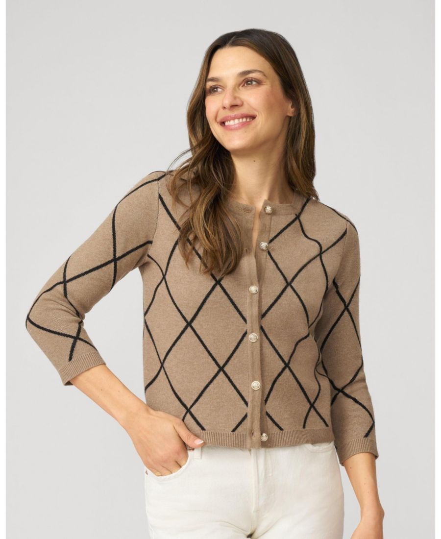 

Женский кардиган с круглым вырезом и арометической отделкой Cable & Gauge, Camel hair & jet black argyle