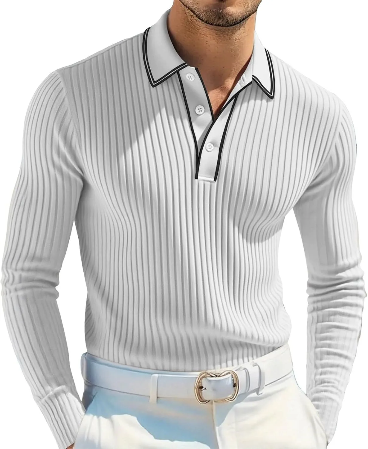 

Мужской вязаный поло-пуловер с длинным рукавом Slim Fit CRNTCEM